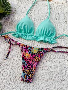 Conjunto ibiza aguamarina, tanga brasilera amarres animal wild