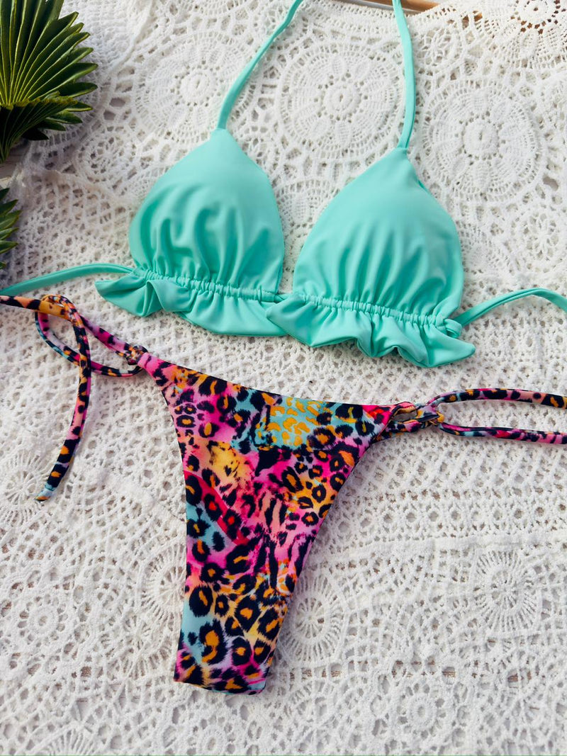Conjunto ibiza aguamarina, tanga brasilera amarres animal wild