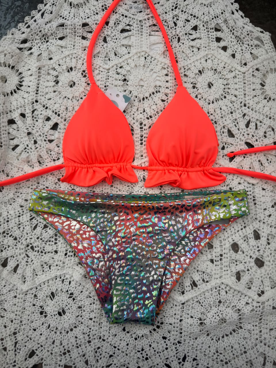 Conjunto ibiza naranjo neon tanga clasica holografica