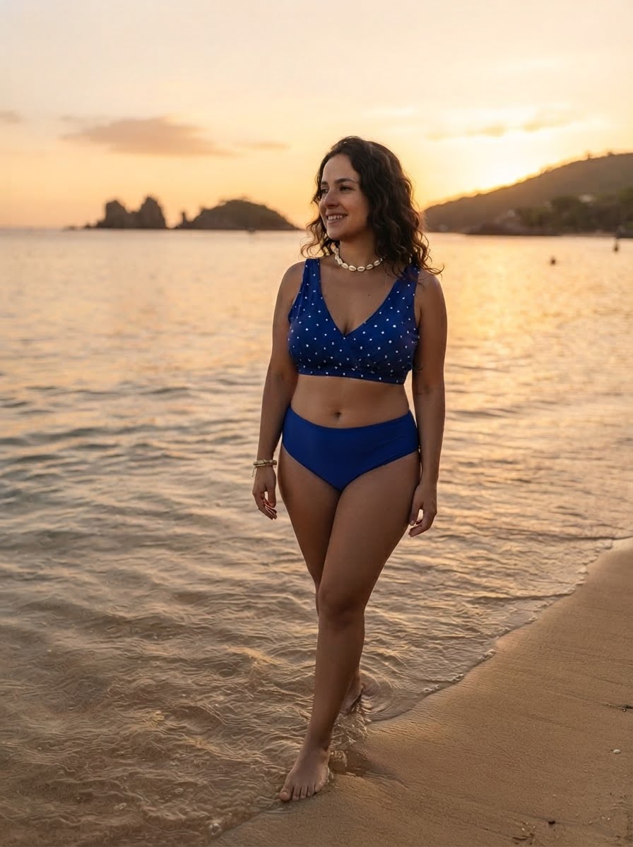 Conjunto Margaret, tanga fitness tiro medio "Retro" azul