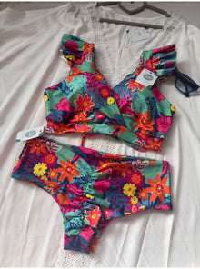 Conjunto top Margaret tanga fitness tiro medio flores tropicales