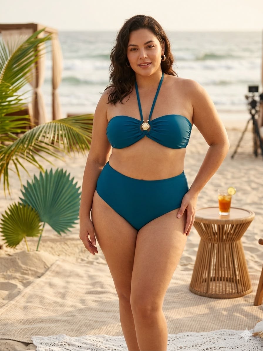 Conjunto strapless concha decorativa bottom ocean azul petroleo